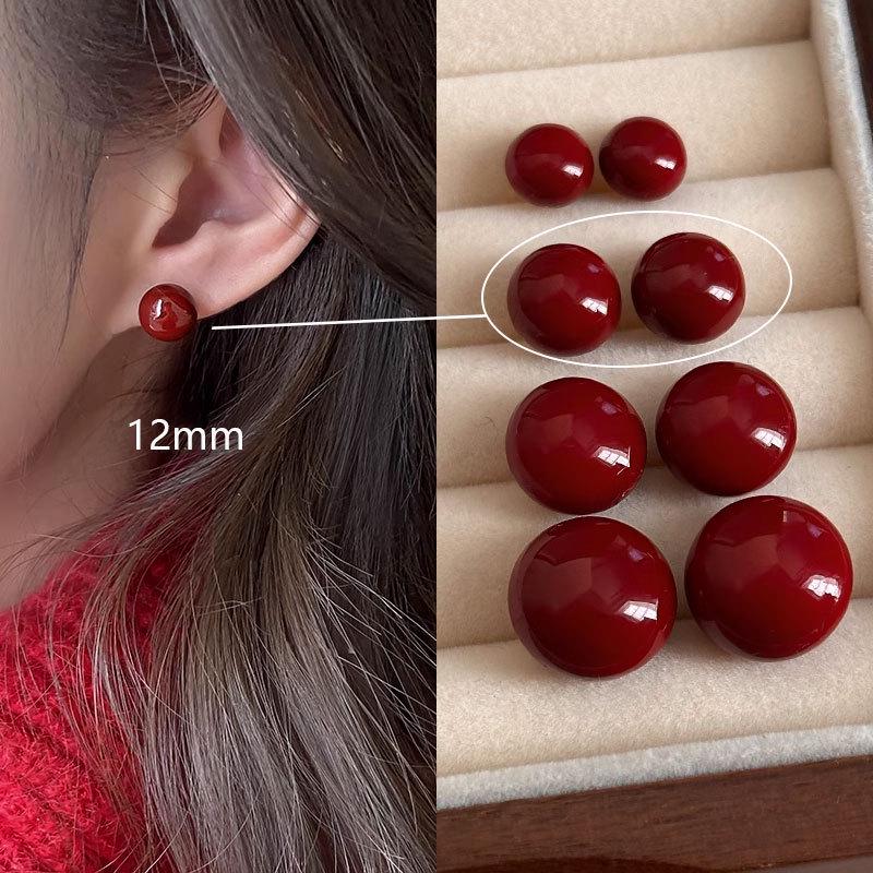 Burgundy Jelly Bean Pearl Stud Earrings - New 2024 Hot Style for Women, Niche Design Cold Style.