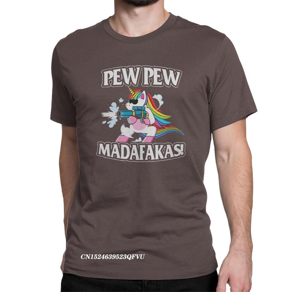Funny Pew Pew Madafakas Men's Tops T Shirts Unicorn Humor Tee Shirt Harajuku Round Collar T-Shirts Cotton Clothes