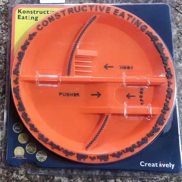 Interaktives Bulldozer & Bagger Kinderbesteck-Set - 3-teilig (Gabel, Löffel, Teller)