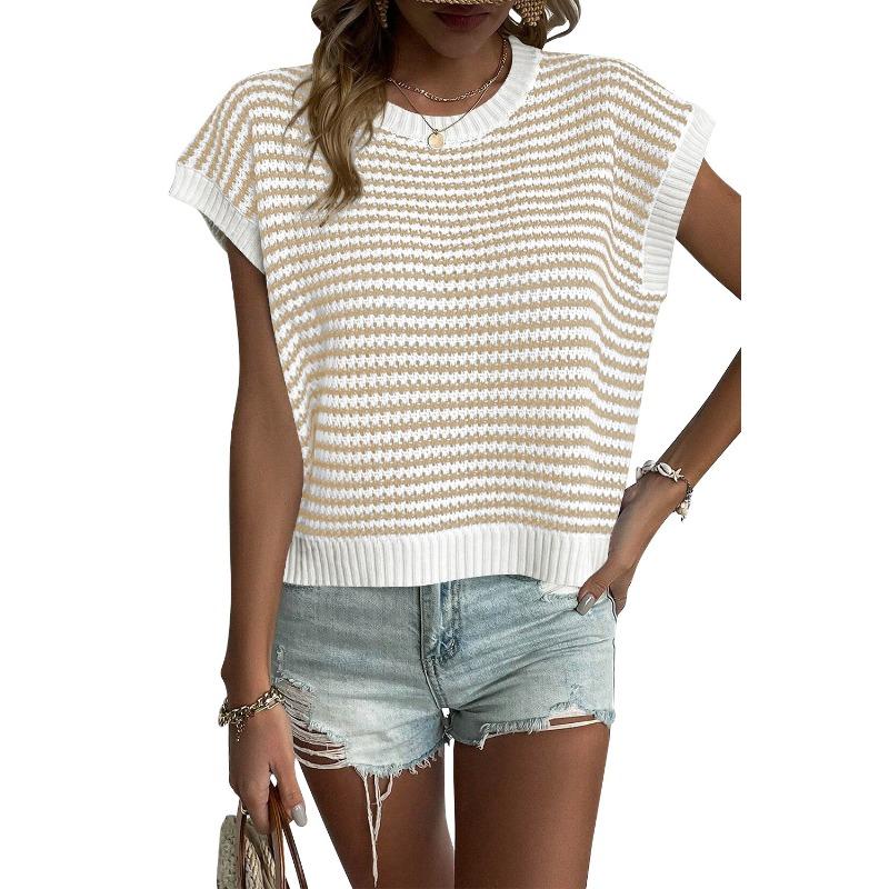 Women Fashion Color Block Striped Batwing Sleeve Round Neck Loose Knit Sweater S