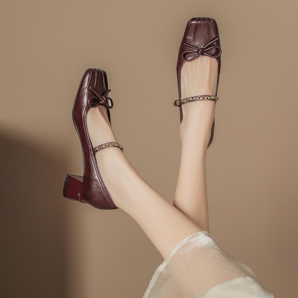Bow word with rhinestone ballet shoes Mary Jane women's shoes small fragrant style thick heel high heels women's high sense