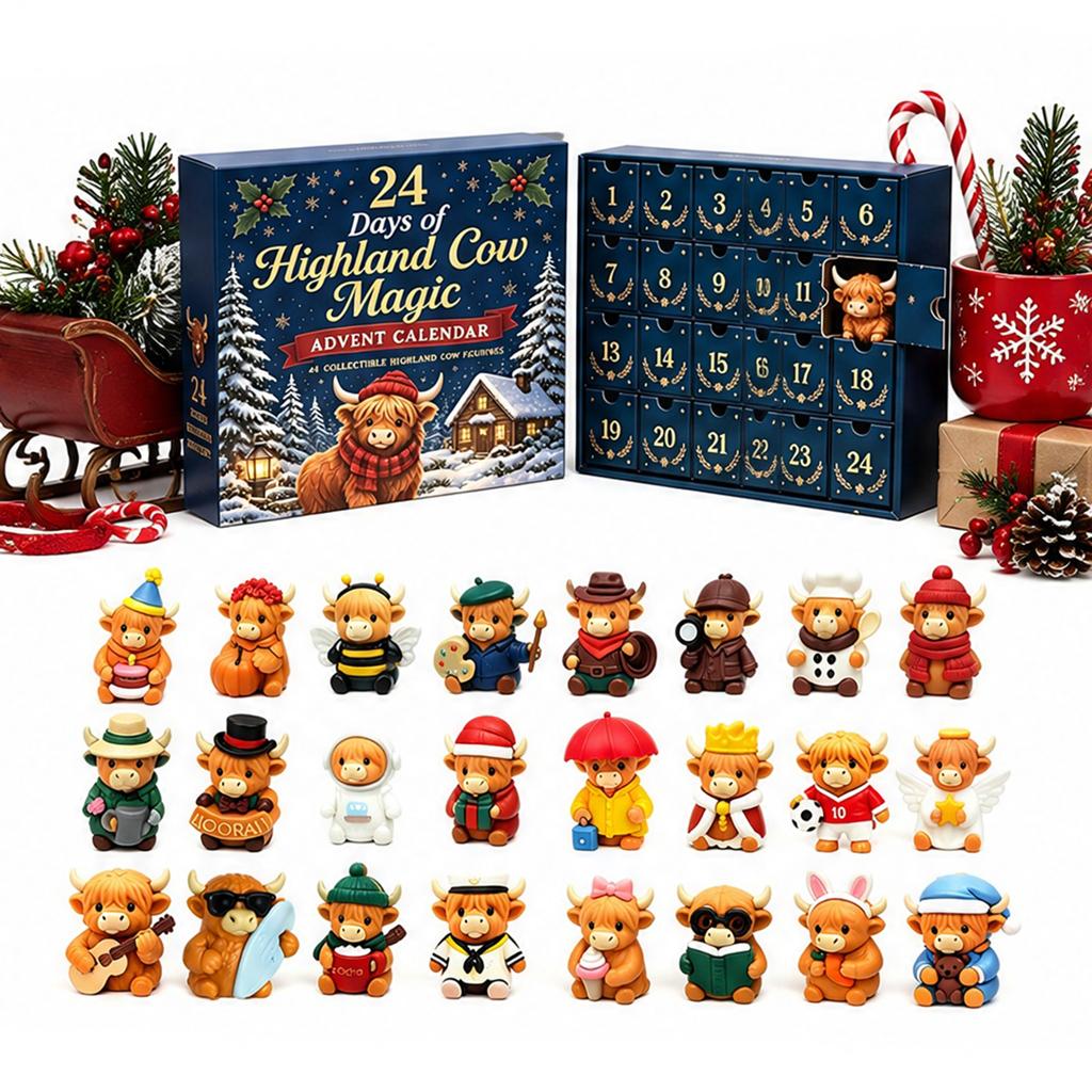 24 Mini-Hochlandrinder-Figuren Adventskalender 3D Sammlerstück Weihnachten Countdown Feiertagsgeschenk