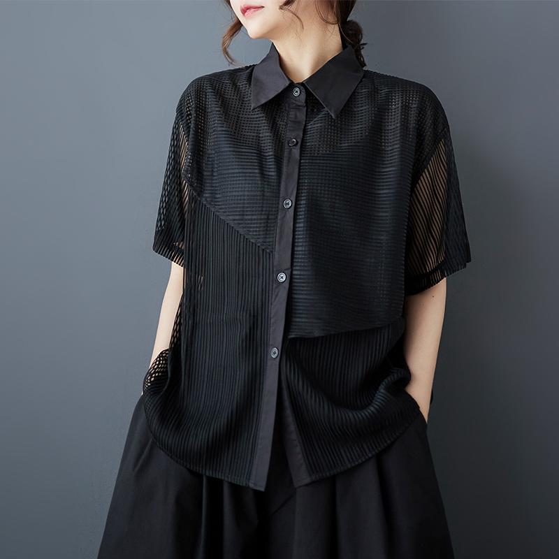 

DIMANAF 2025 Весна Новая женская блузка Свободная однотонная базовая рубашка с коротким рукавом Винтажная рубашка Повседневные топы Футболки Большие размеры One Size чёрный