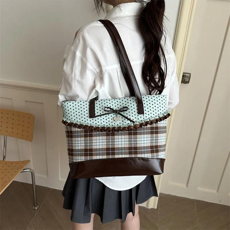 Bolso de Mano Patchwork Color Verde Menta Chocolate Coreano Bolso Tote de Lona a Cuadros para Mujer Lunares Lazo Dulce Encaje Bolso de Hombro de Capacidad