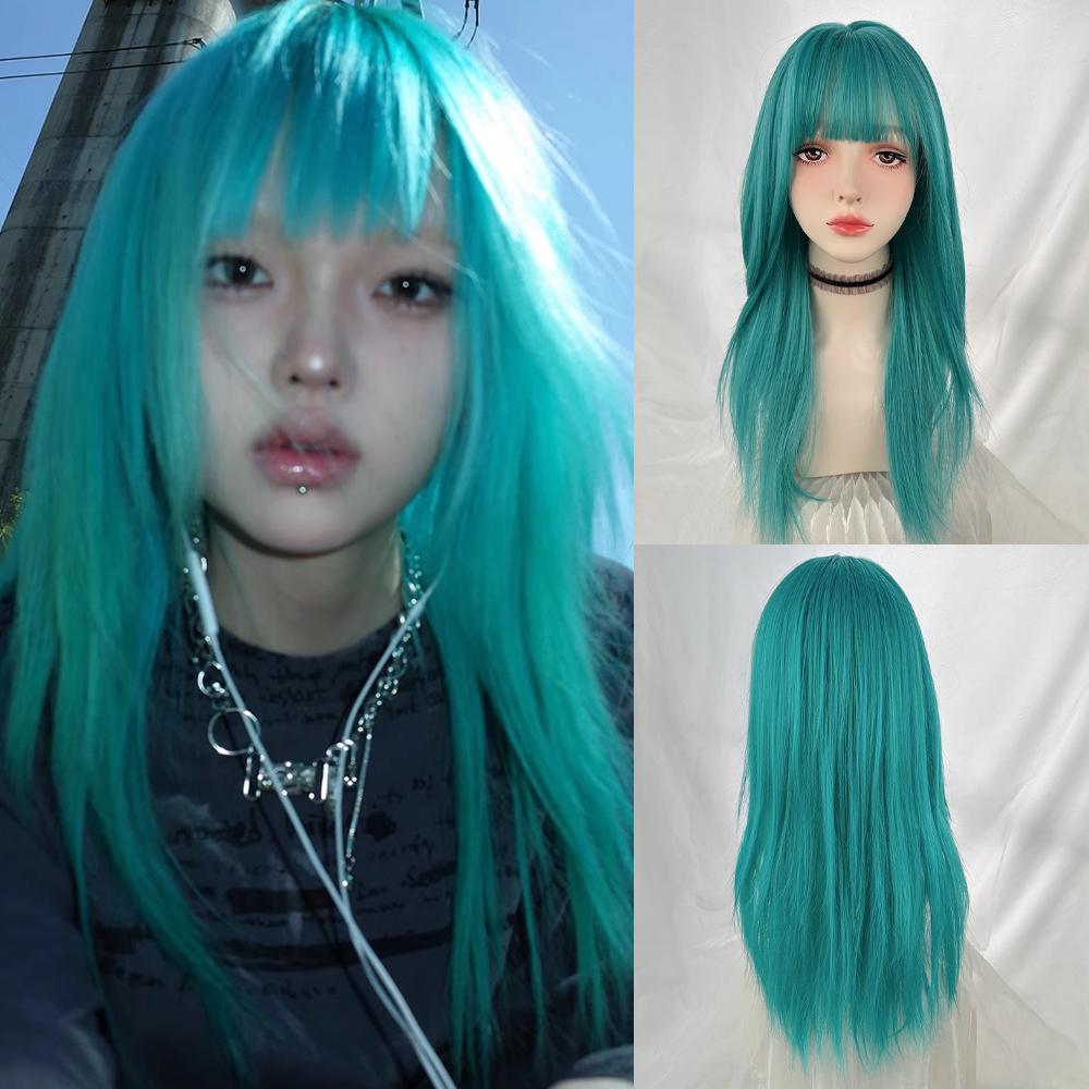 

Green Blue Synthetic Long Straight Women Wig with Bangs Lolita Cosplay Fluffy Heat Resistant Wig for Daily Party