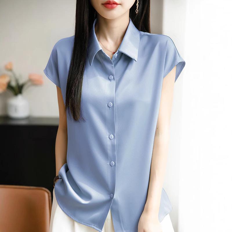Women's Silky Satin Short-Sleeve Cardigan Top with POLO Collar – Versatile and Professional