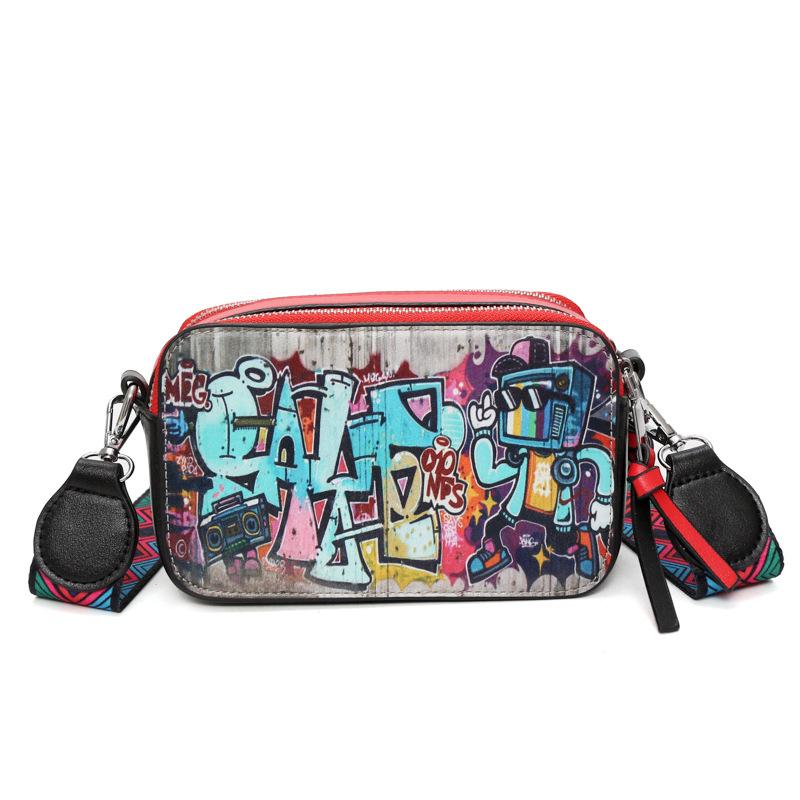 Personalized Graffiti Camera Bag Women's 2025 New Korean Version Fashion Trend Ins Wide Shoulder Strap Crossbody Small Square Bag Pu
