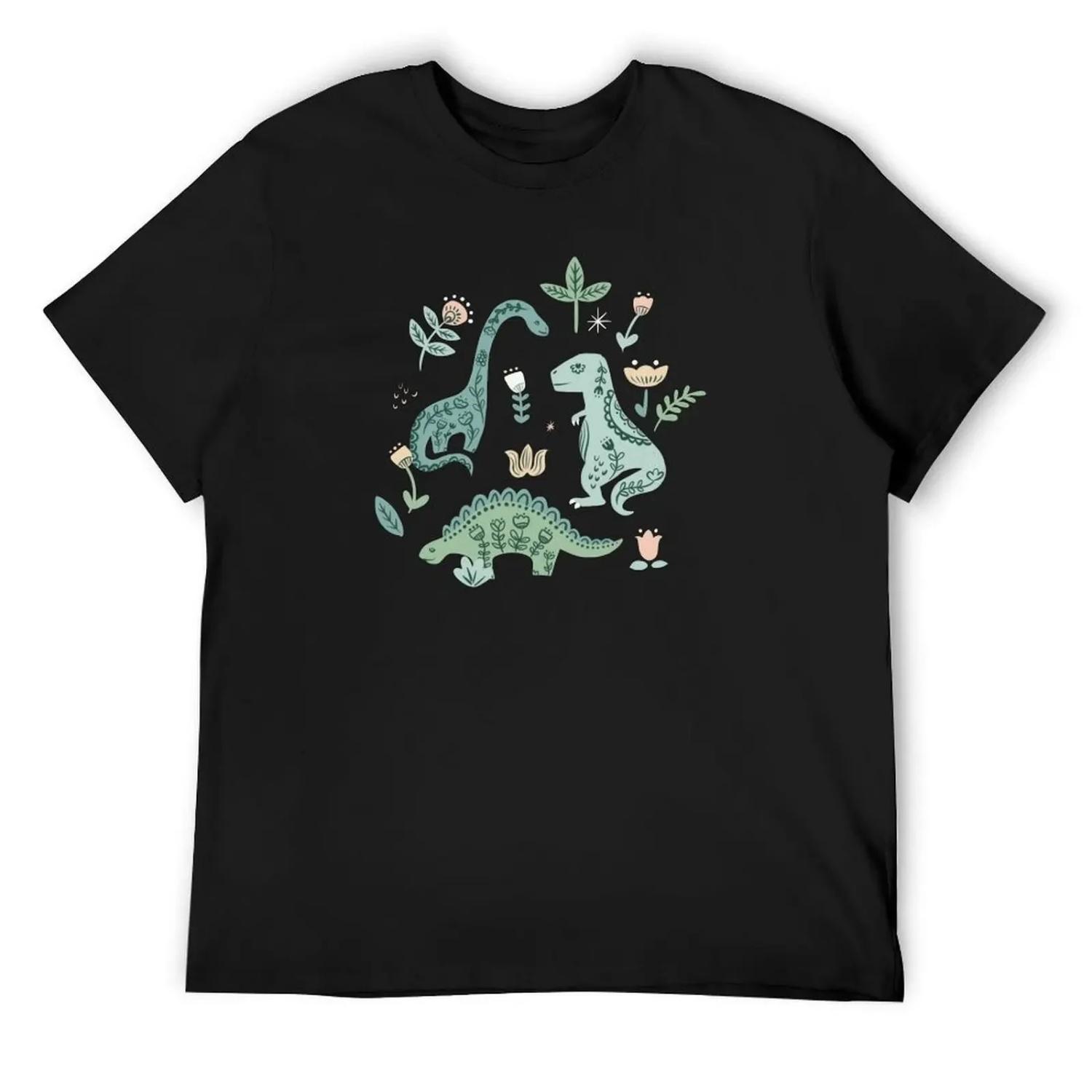 Folk Floral Dinosaur T-Shirt oversized t shirt Short sleeve tee vintage T-shirts for men cotton S