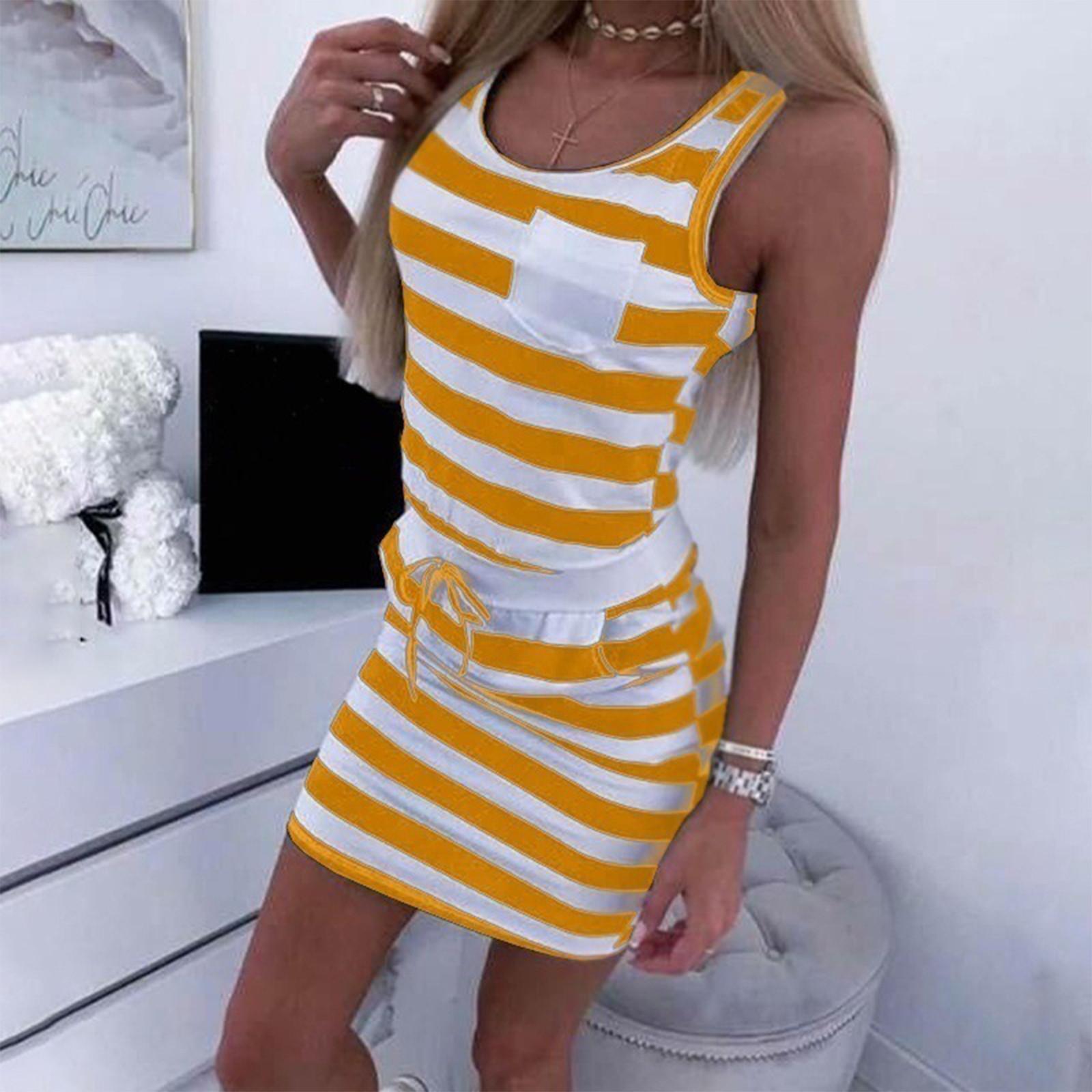 Women s Summer Fasion Sexy  Pocket Striped Print Bag Hip Sleeveless Dress XXXXXL жёлтый