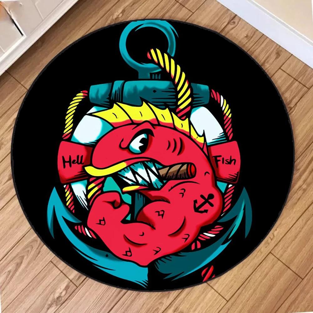 Muscle Fish Printing Round Carpet for Home Living Room Bedroom Decor Circle Rug Non Slip Mechanical Washable Flannel Floor Mat