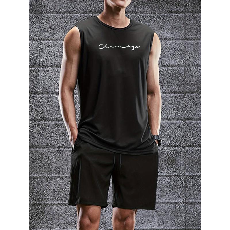 

Trendy Graphic Print Tank Top and Shorts Polyester Set for Men Breathable Elastic Hem Relaxed Fit Summer Streetwear Outfit XXL чорний