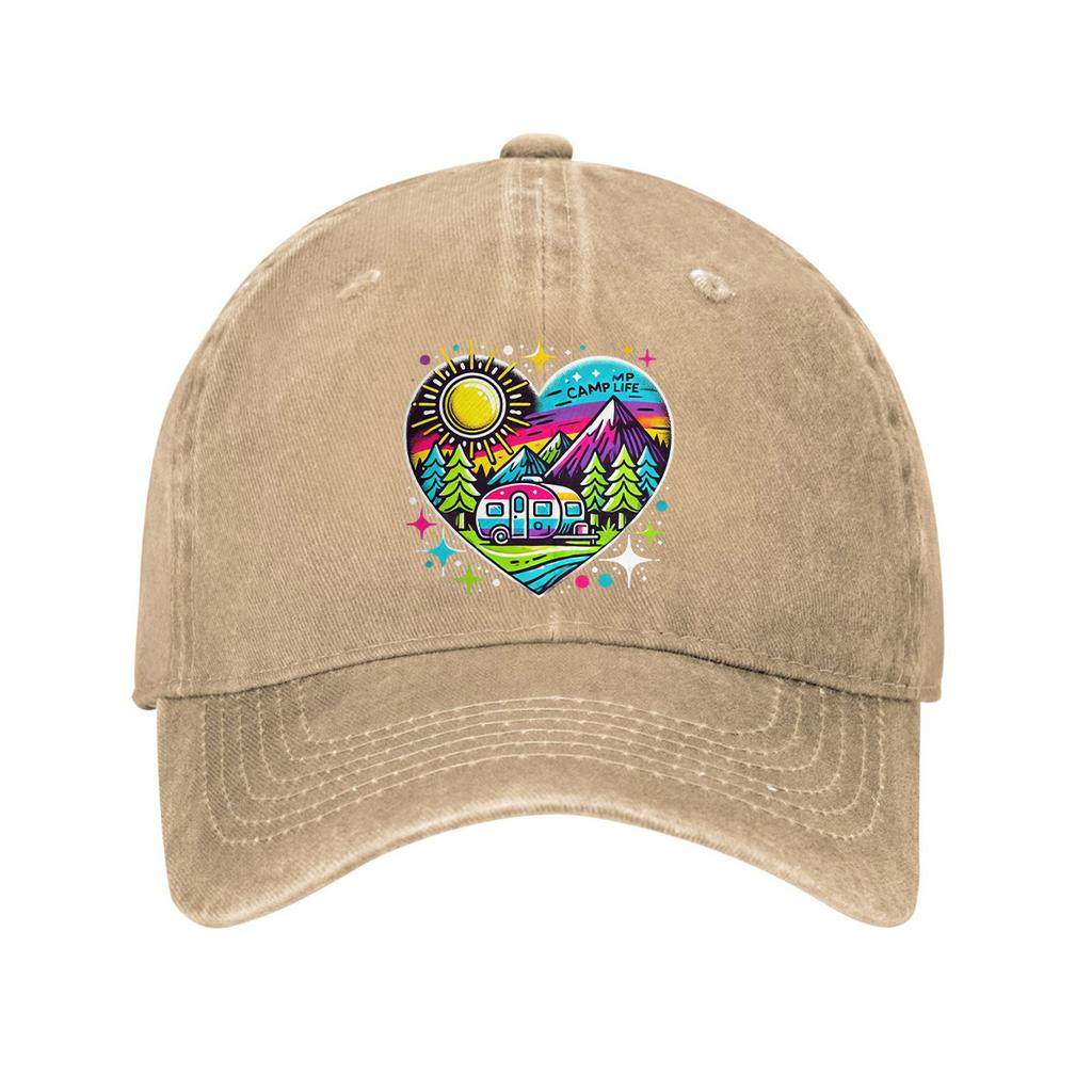 Retro Camping Life Heart Graphic Baseball Cap Unisex Adult Vintage Cotton Adjustable Dad Hat Casual