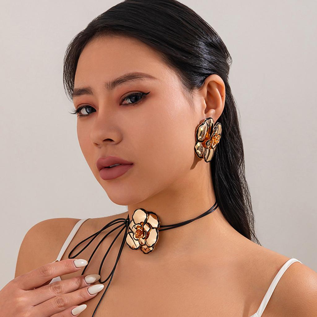 Vintage Gold Geometric Floral Statement Earrings/Necklace Exaggerated 3D Flower Jewelry Accessories Gift For Women