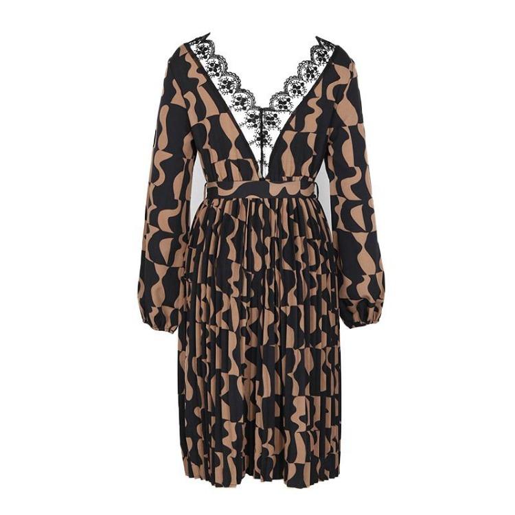Autumn Winter Women Elegant V Neck Long Sleeve High Waist A Line Knee Length Casual Print Dress