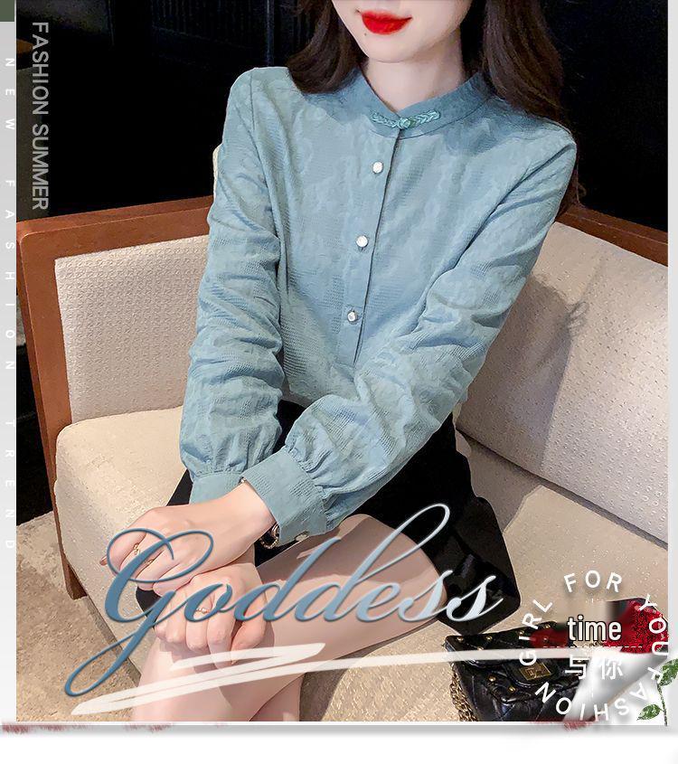 2024 Women's Retro Jacquard Cotton Pullover: Long Sleeve Stand-up Collar Shirt for Spring and Autumn