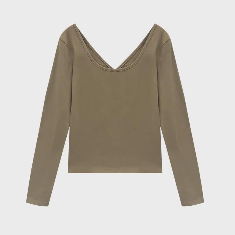 Fall 2023 Sexy Backless Long-Sleeve Women's U-Neck Solid Color Top