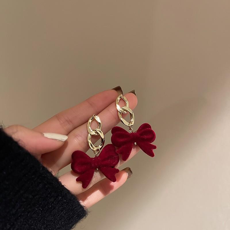 Silver needle retro red bow earrings long tassel trend stud earrings niche design Chinese New Year earrings women