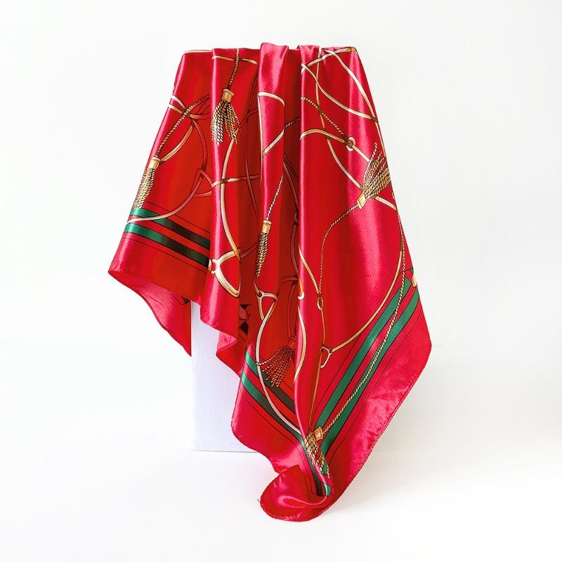 Versatile chain 90cm silk scarf square scarf high-end women's shawl retro printing satin bag headscarf