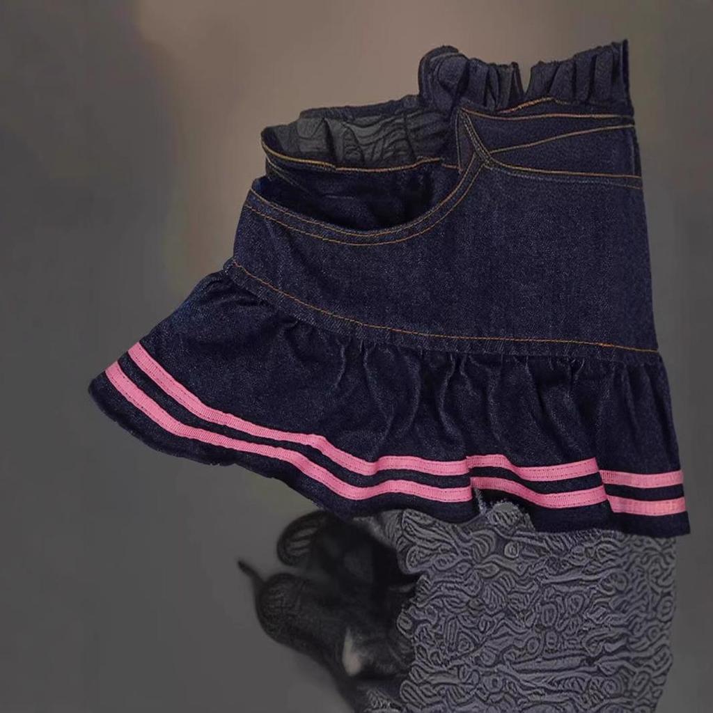 European & American Pleated Pink Denim Skirt for Women - Petite, Lightly Mature, Summer Style