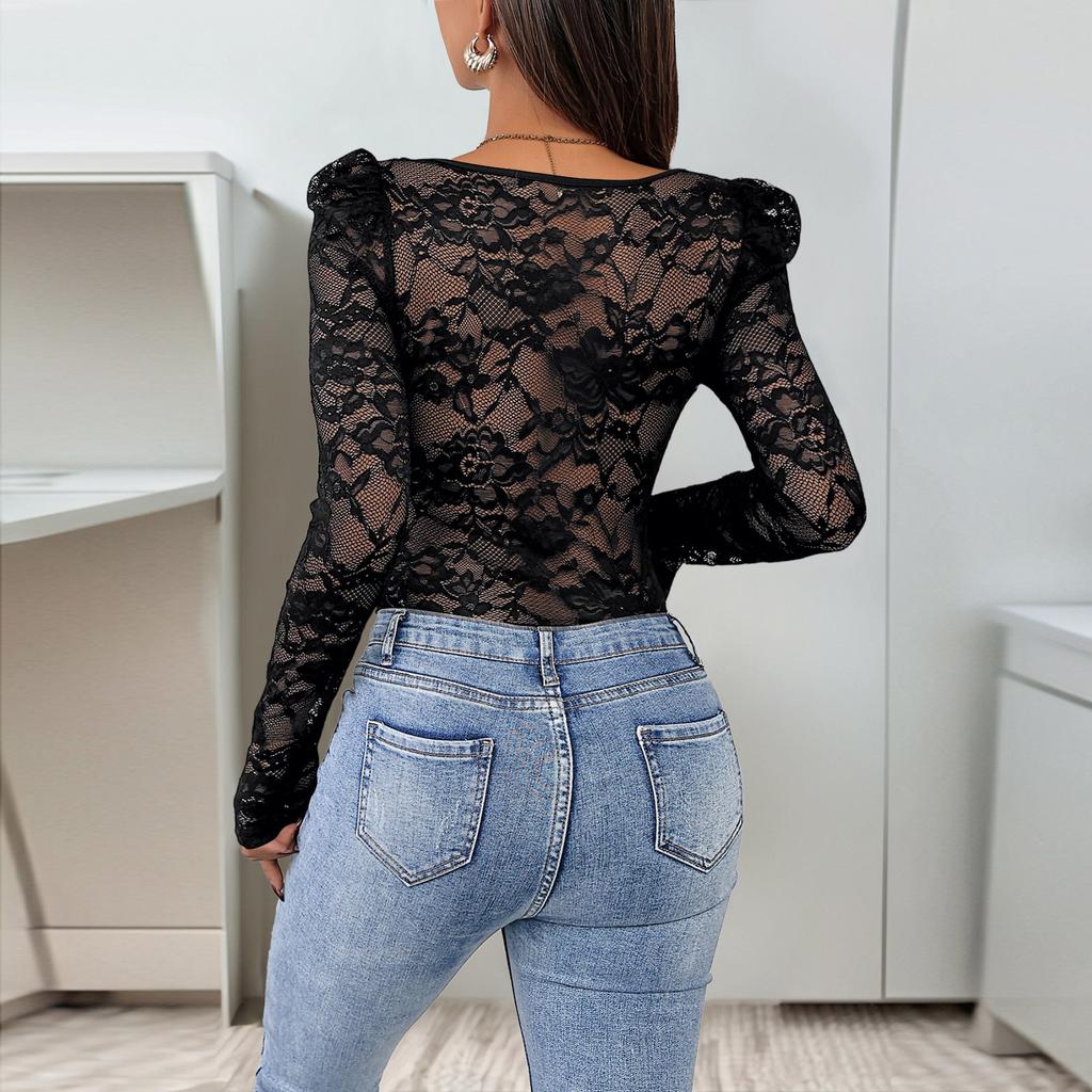 Women's Black Jumpsuit With Lace Trim And Square Neckline
