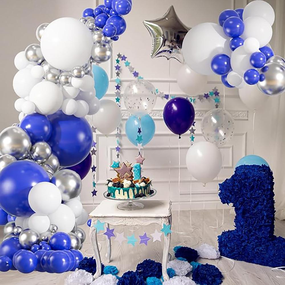 Guirlande de Ballons Bleu Royal Kit d'Arche de Ballons Blanc Argenté Décoration de Fête d'Anniversaire de Mariage de Remise de Diplôme Maison Globos