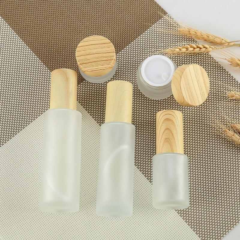 Frosted Glass Cosmetic Bottle Set: Wood Grain Lid Lotion, Press, Spray, Face Cream, Travel Refillable Empty Bottles