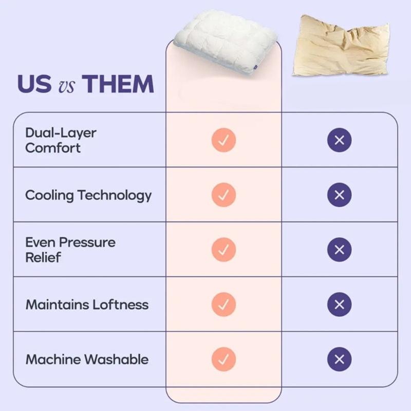 Sleeping Bed Pillow 48 x 74 cm with Quilted Square Checkered and Fiber Fill for Adult Guest Room and Bedroom Bedding