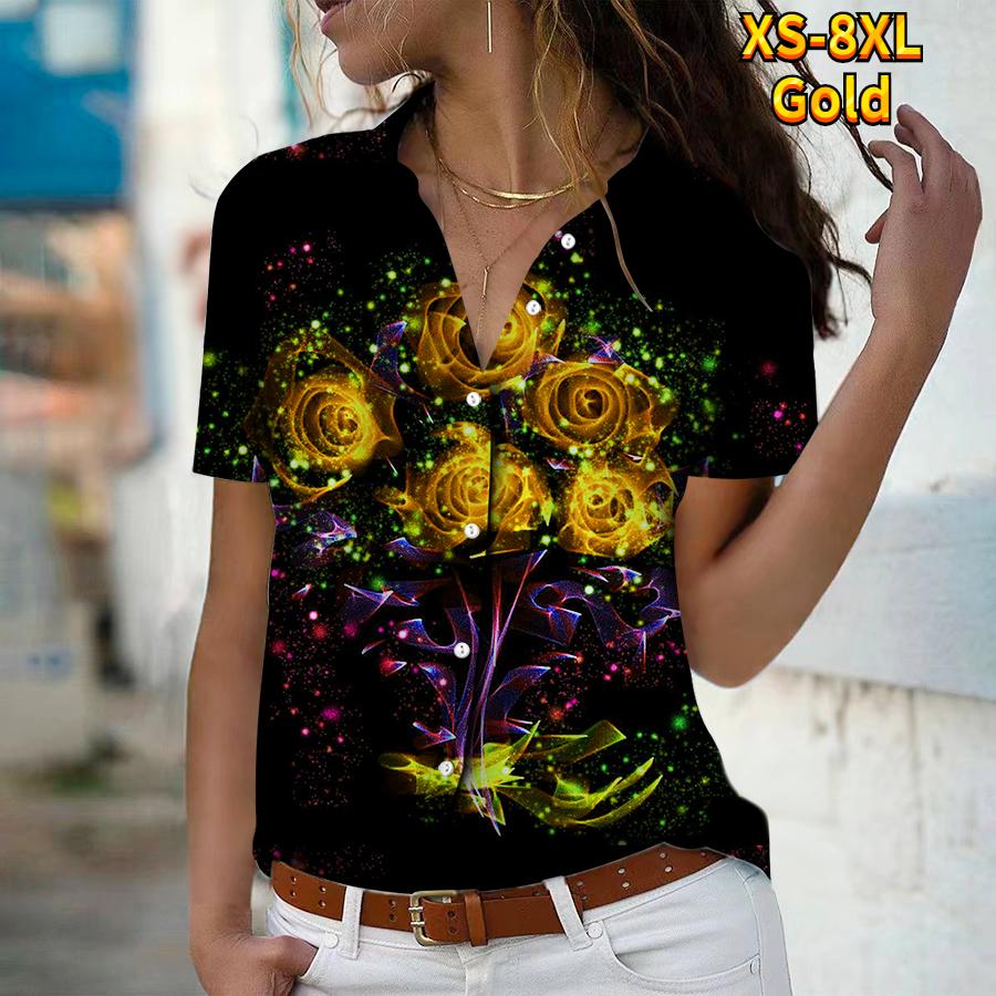 2025 Sommer Neue Mode Damen Rosenbedrucktes Kurzarm V-Ausschnitt Lässig Durchgeknöpftes Hemd Top