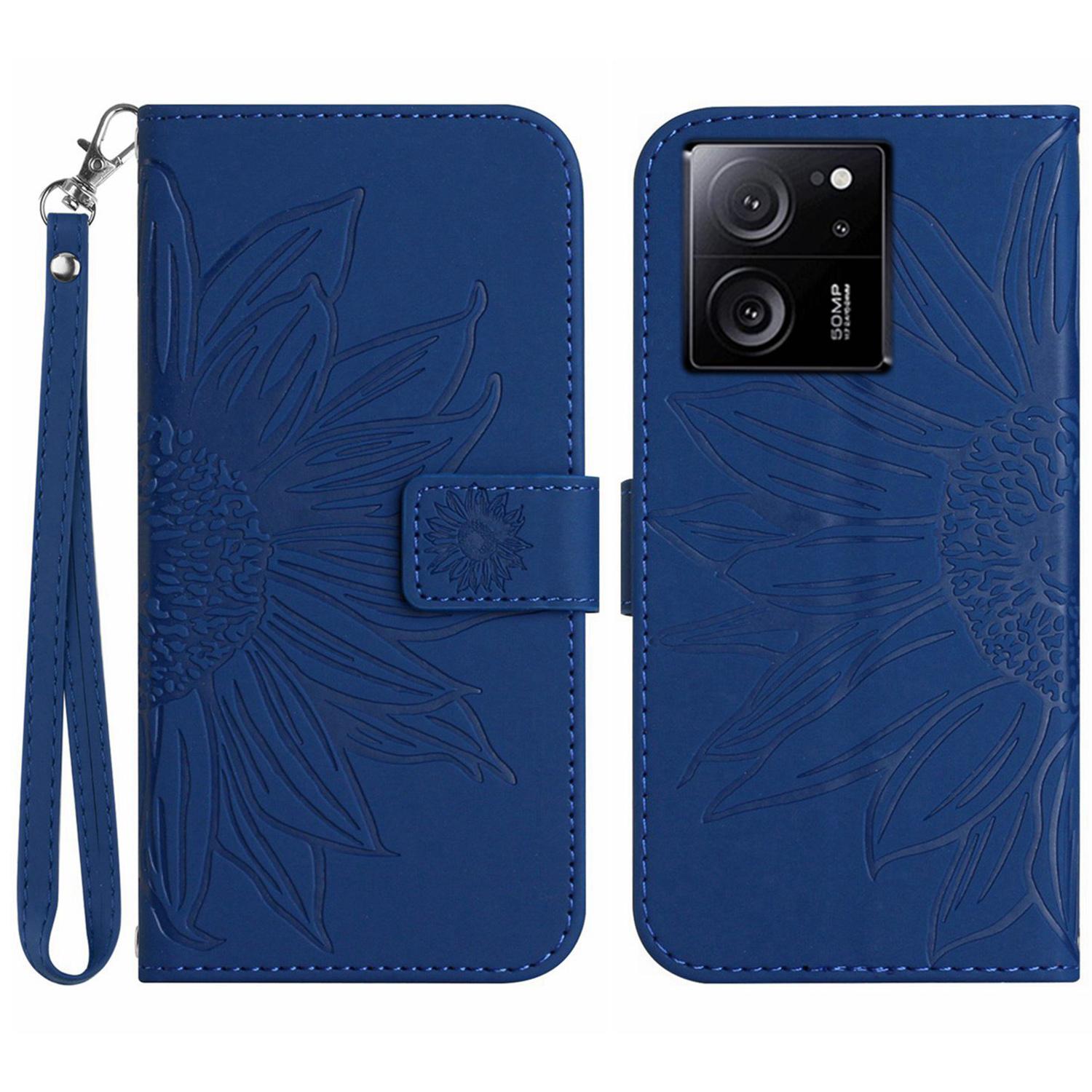 

HT04 For Xiaomi 13T/13T Pro Cover Sunflower Imprint Leather Phone Case with Hand Strap Sapphire