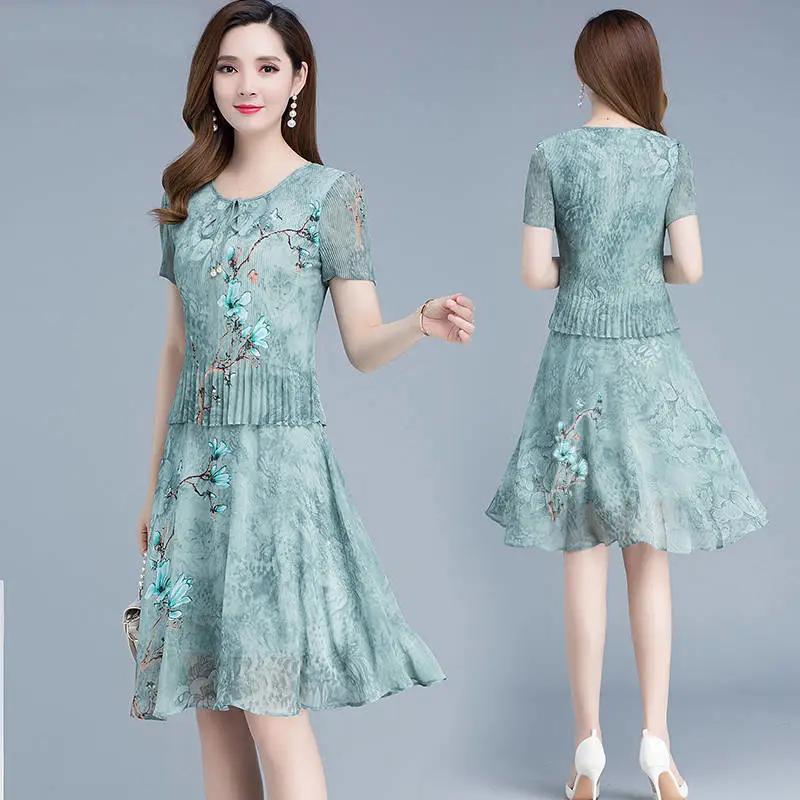 Women's Summer Chinese Style Elegant Chiffon Dress Round Neck Plus Size Printed Knee Over Dress