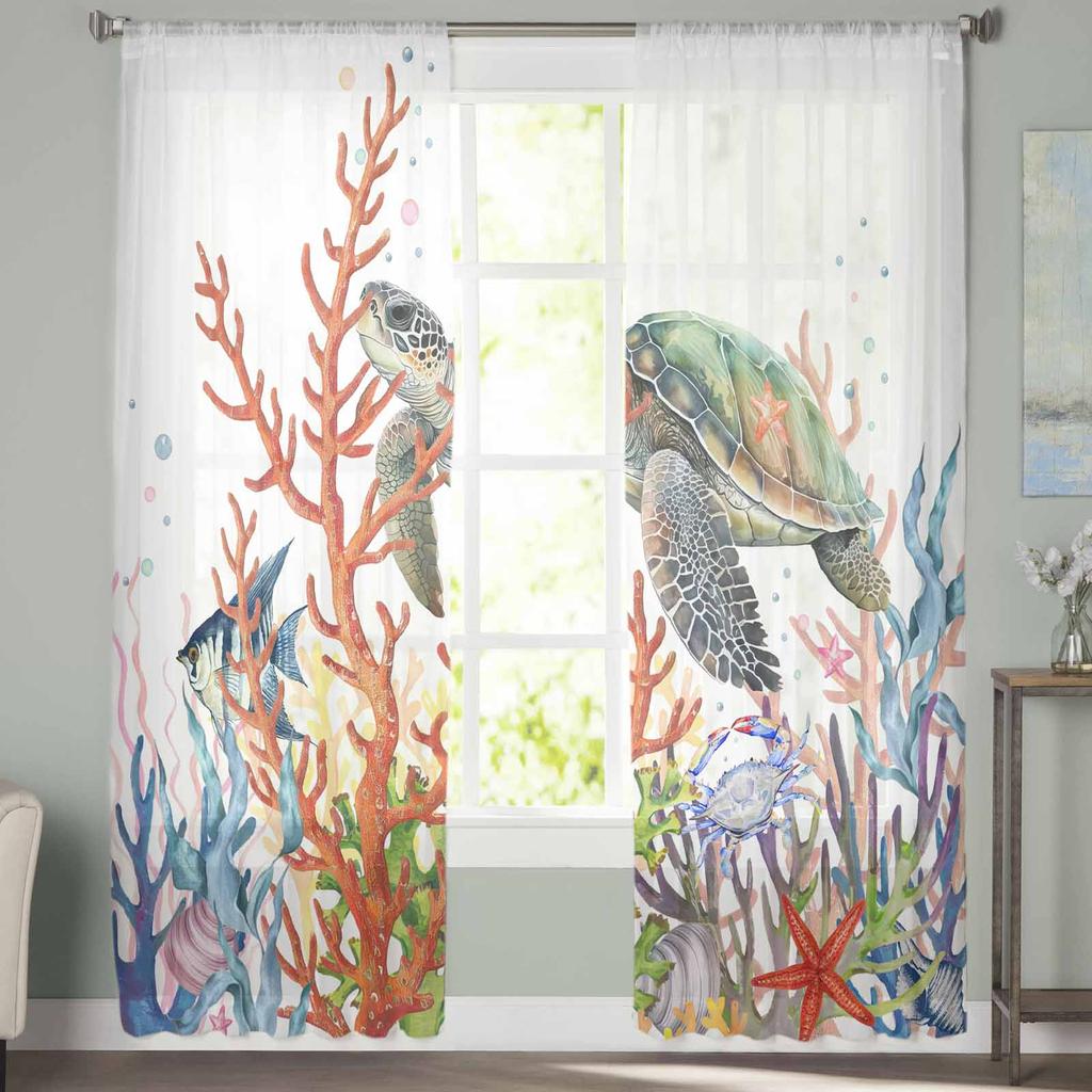 Turtle Coral Fish Starfish Crab Tulle Window Curtains for Bedroom Luxury Home Decor Drapes In Living Room Chiffon Panels