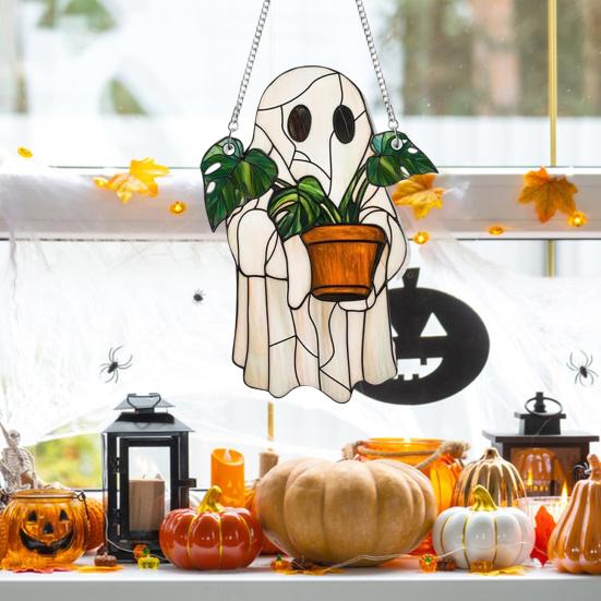 Halloween Cute Ghost Suncatcher Stained Glass Style Acrylic Window Hanging Ghost Light Catcher for Window Wall Decor