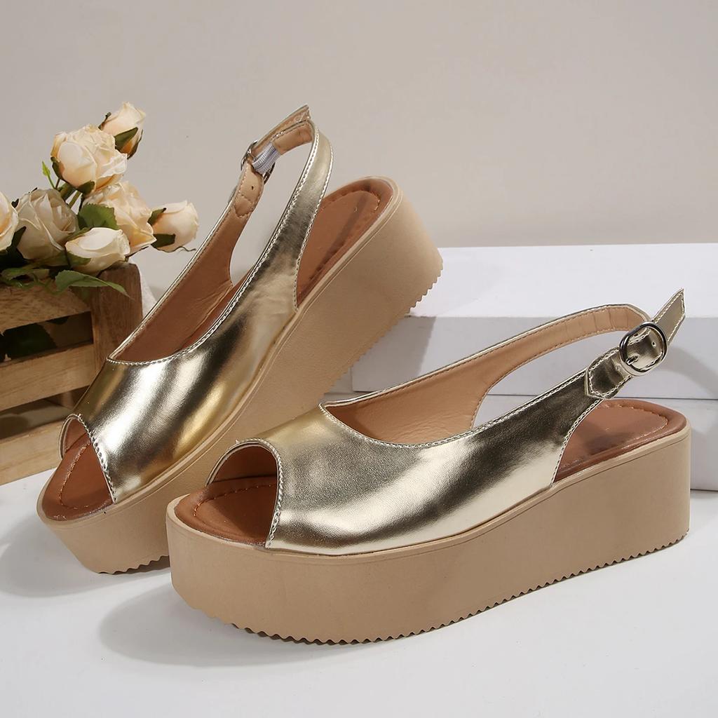 Fashion Peep Toe Platform Sandals for Women 2025 Summer Thick Bottom Beach Shoes Woman Gold Buckle Strap Wedge Sandalias Mujer