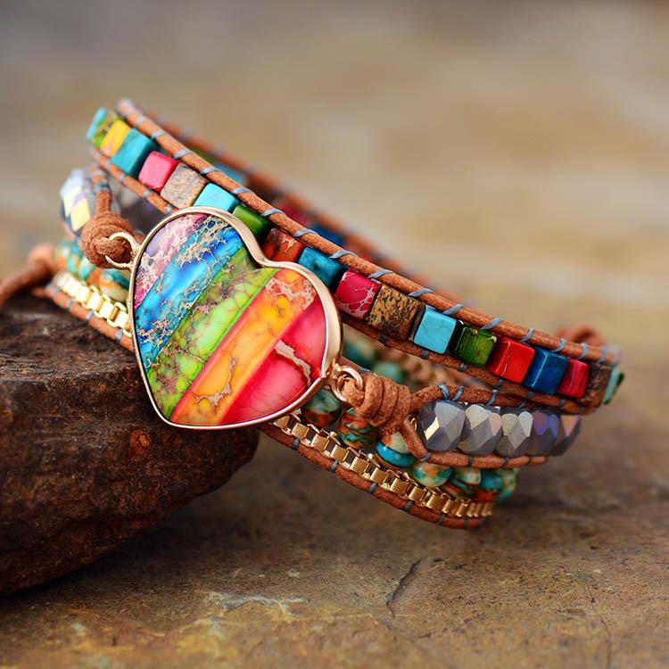 Heart-shaped Five-color Natural Imperial Stone Leather-wrapped Bracelet with Multiple Layers