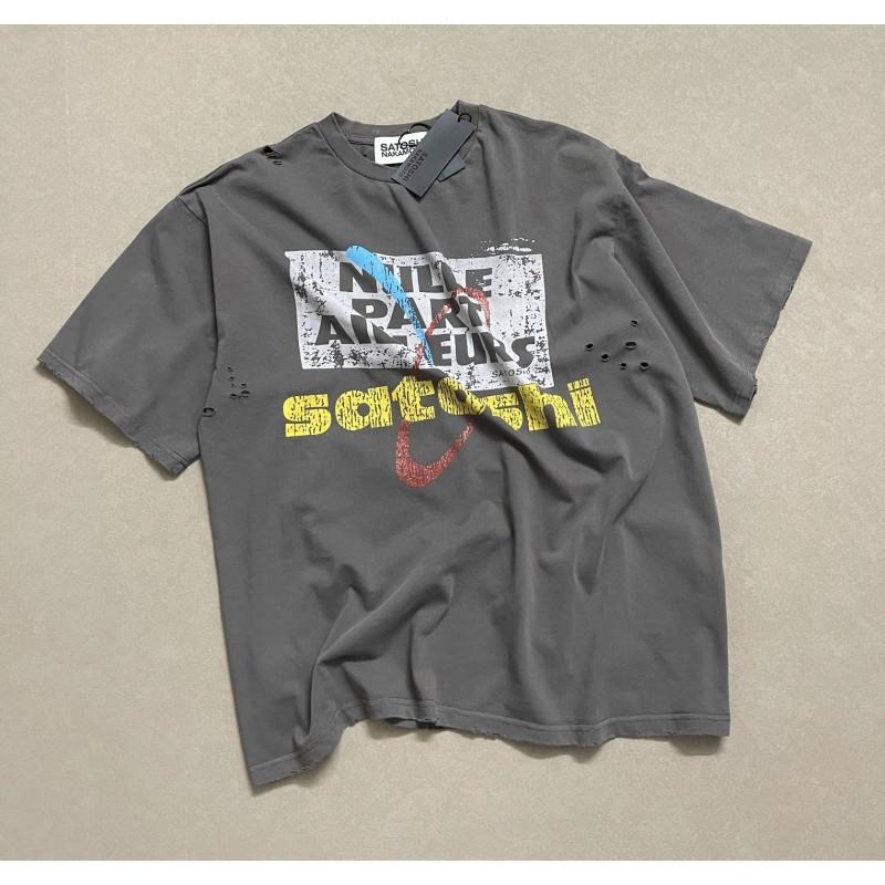 T-shirt Coton Surdimensionné Homme Avec Impression Graphique Satoshi Lavage Vintage Hip Hop Streetwear Manches Courtes