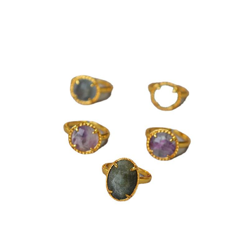 Vintage Brass Gold-Plated Adjustable Ring with Faceted Genuine Natural Stone