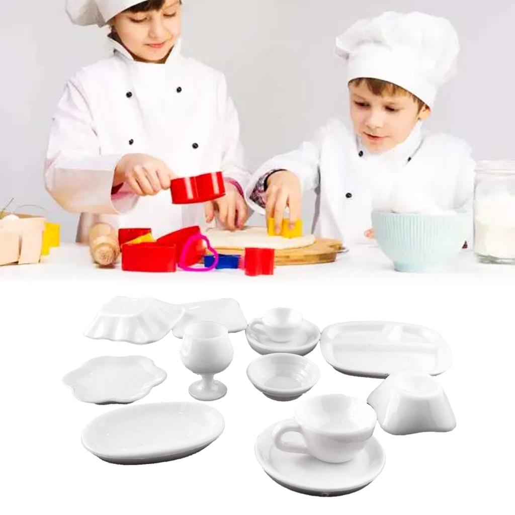 12PCS/Set Children Dollhouse Mini Kitchen Cookware Set Resin Trays Plates Bowls Cups Toddler Pretend Play Accessories