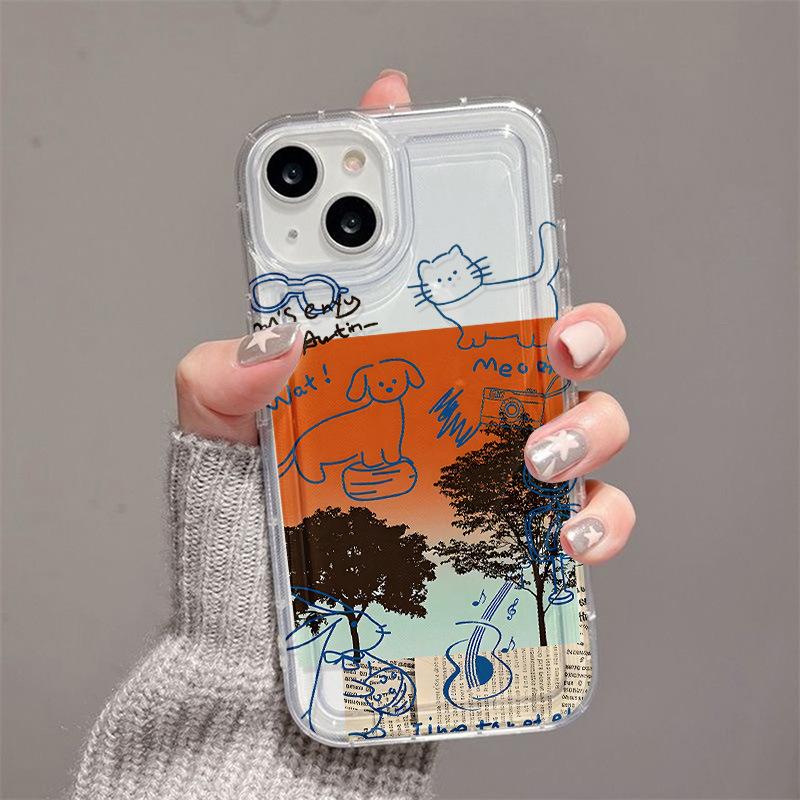 Ins Wind Premium Sketch Cat and Dog Applicable iPhone17Pro Airbag Mobile Phone Case 16Pro Apple 14/15 Factory