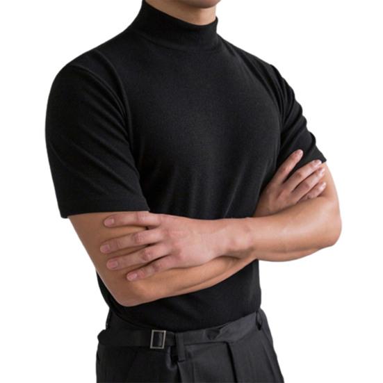 Мужской базовый топ Мягкий Дышащий Простой Полувысокий воротник Однотонная Базовая футболка Повседневная одежда L чёрный