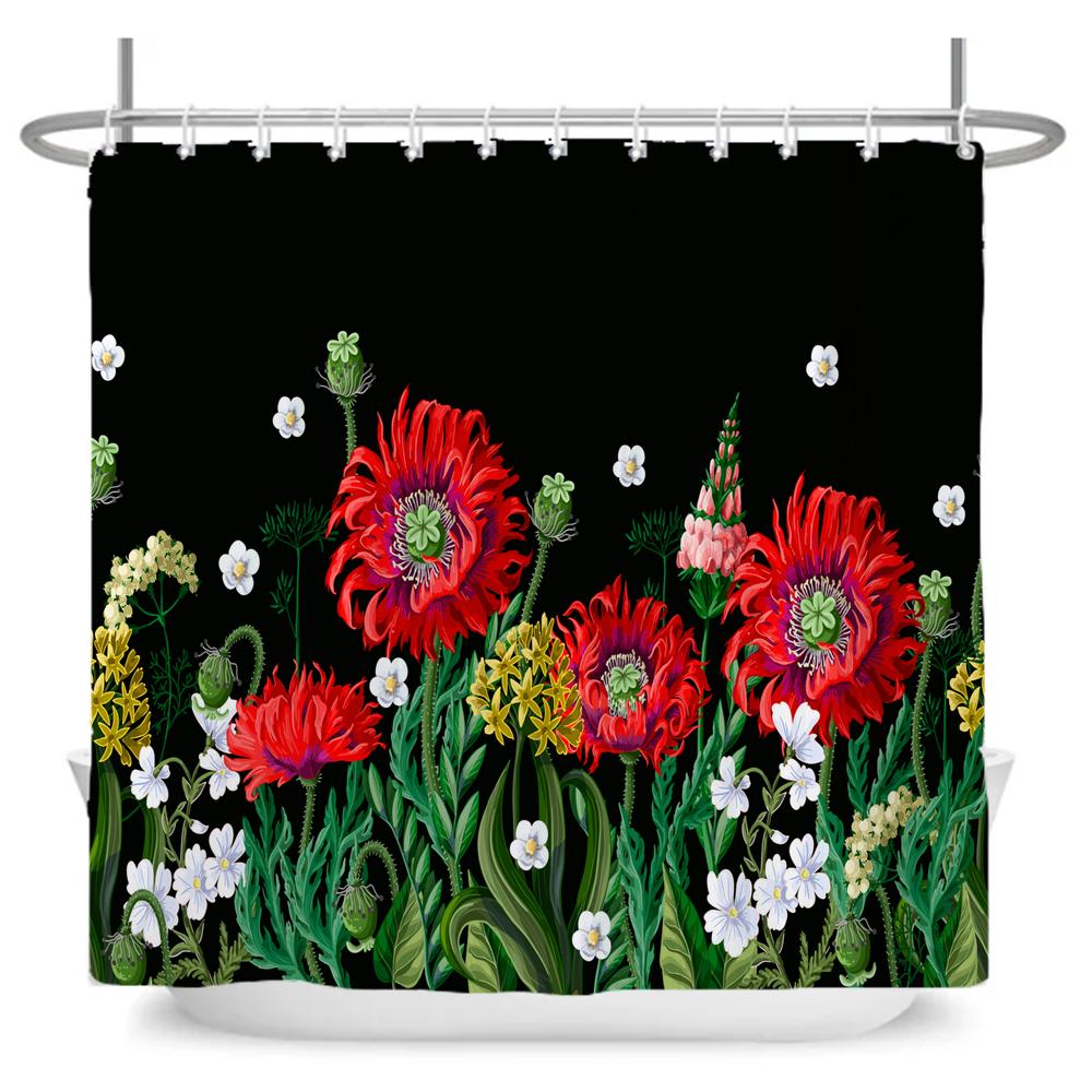 Watercolor Red Flower Shower Curtain Flowers and Plants Waterproof Polyester Bath Curtain For Bathroom Home Decor Accessories