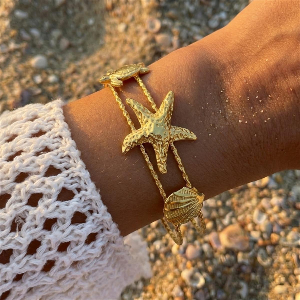 

Stainless Steel Starfish Shell Jellyfish Multi-Line Cuff Bracelet For Women Men Seahorse Sun Turtle Spiral Bangle Summer Jewelry