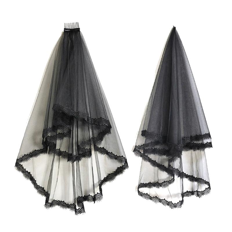 Halloween Bride Lace Veil Women Layered Tulle Bachelorette Party Wedding Veil with Lace Floral Trim for Taking Photo