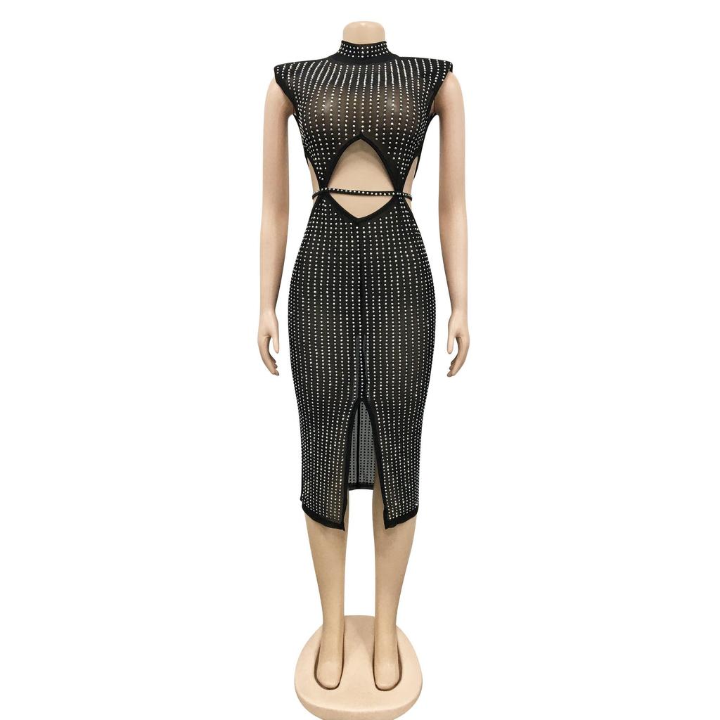 Damen Sexy Netz Durchsichtig Heißer Strass Hohl Schlitz Kleid C5796