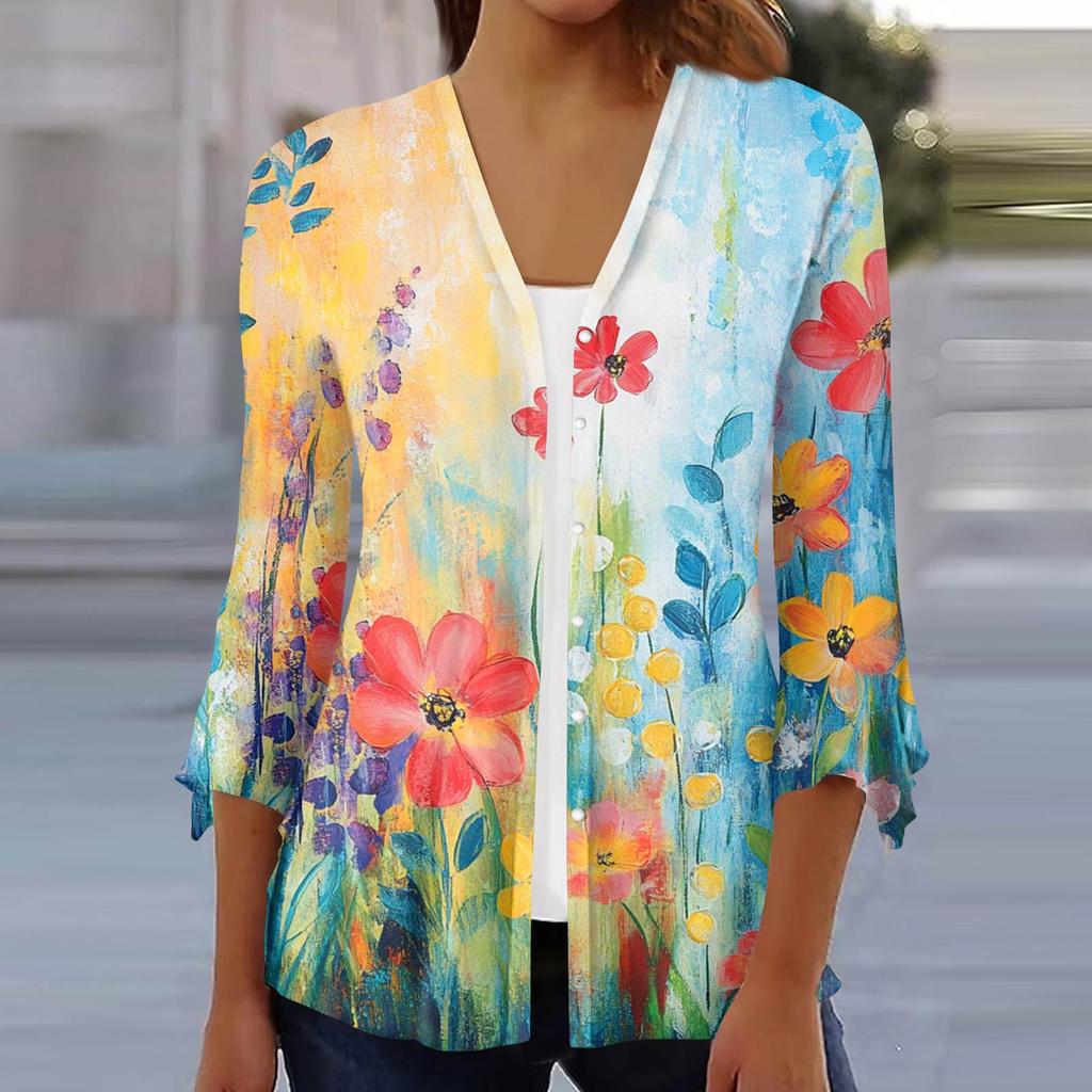 Women's Fashion Loose Casual Printed Seven-Part Sleeve Button Down Blouse Cardigan Top