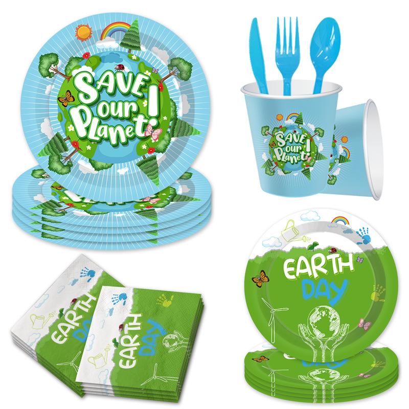 Environmental Earth Day Theme Party Tableware Set Disposable Paper Plate Paper Cup Paper Towel Tablecloth Flag Arrangement Supplies
