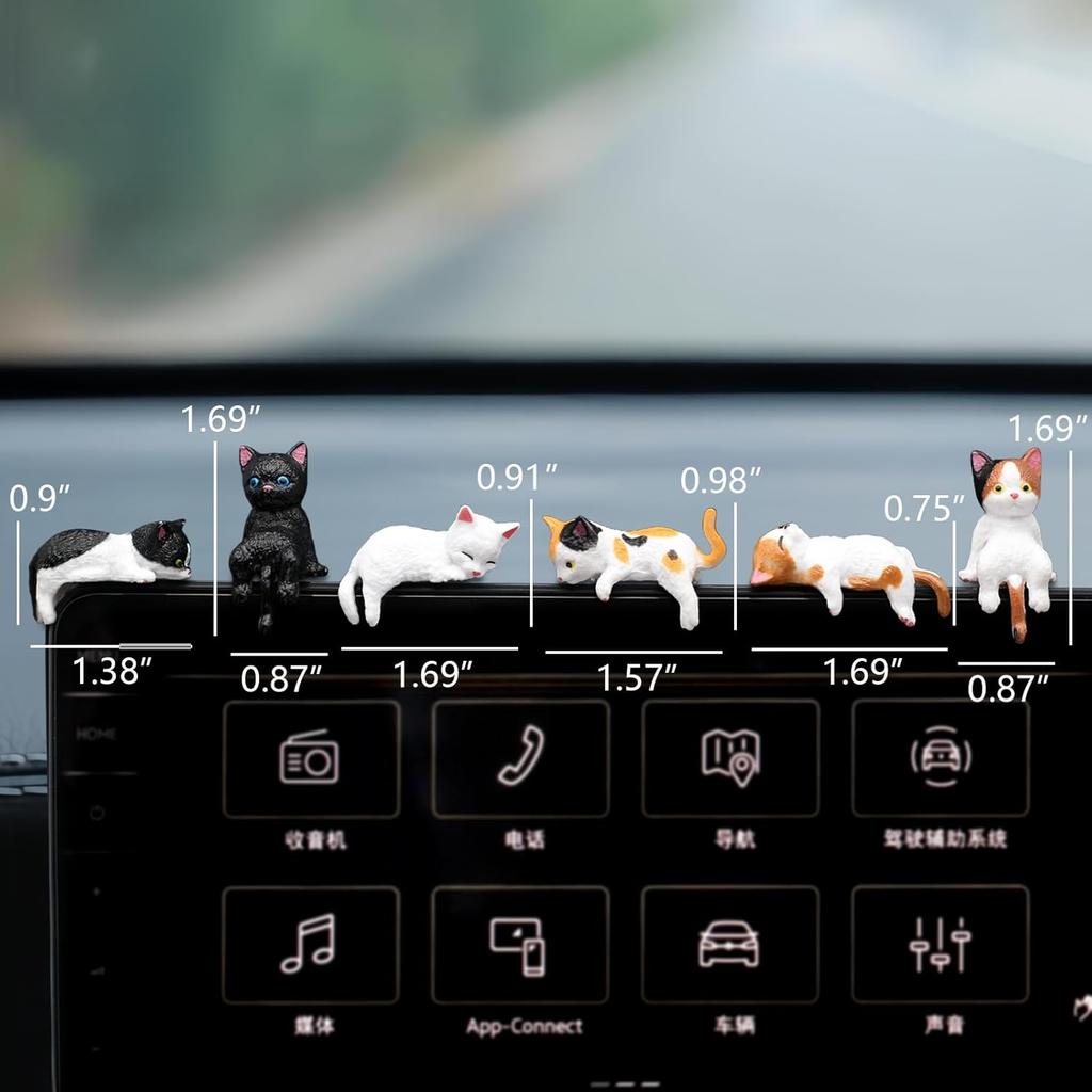 Cat Car Dashboard Decor Rear View Mirror Accessories, Set of 6 Mini Cats Cute Car Decorations Interior, Computer Monitor Figurines for Women Girl