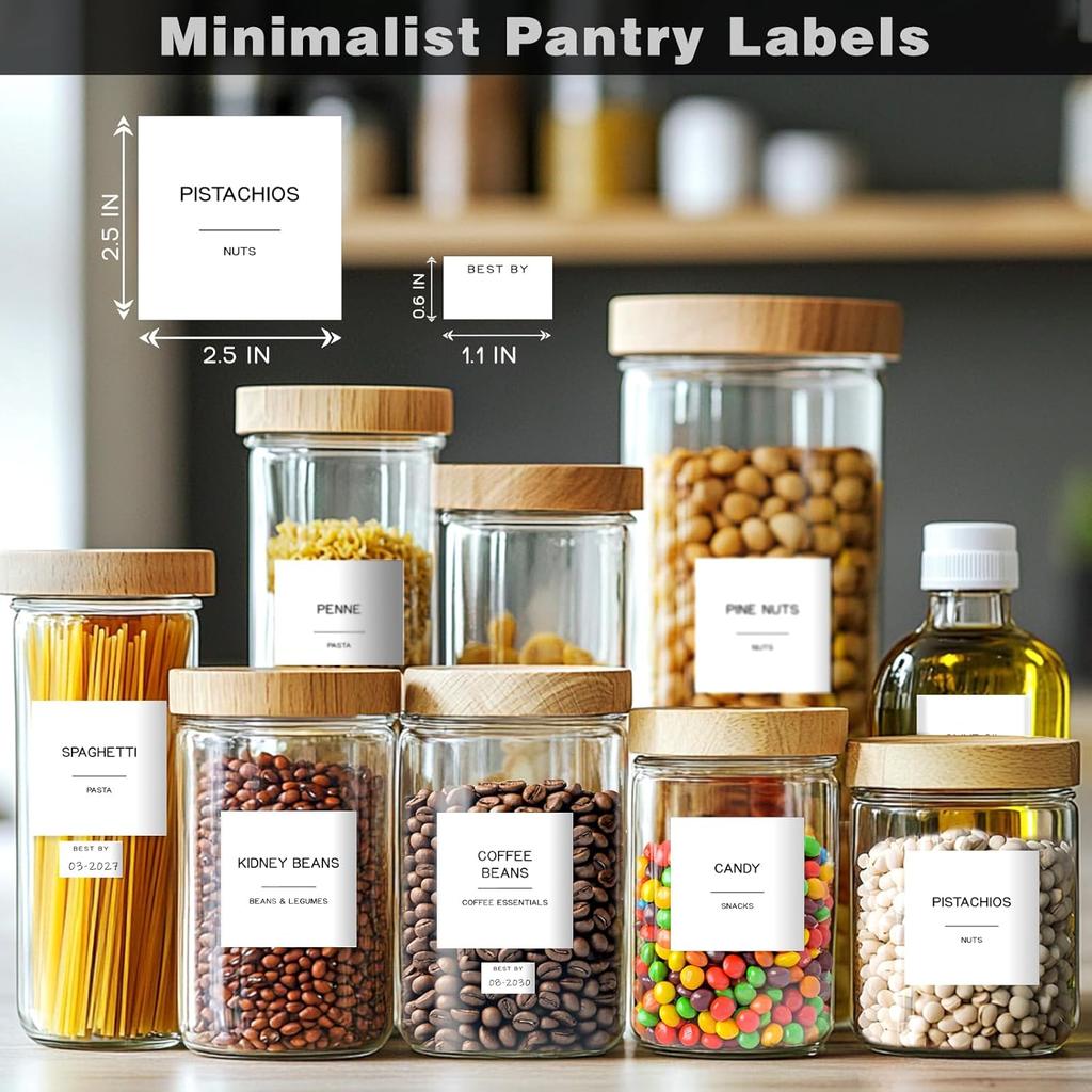 288 Pantry Labels for Food Containers, Preprinted Minimalist Waterproof Stickers for Organizing Storage B, Jars and Kitchen