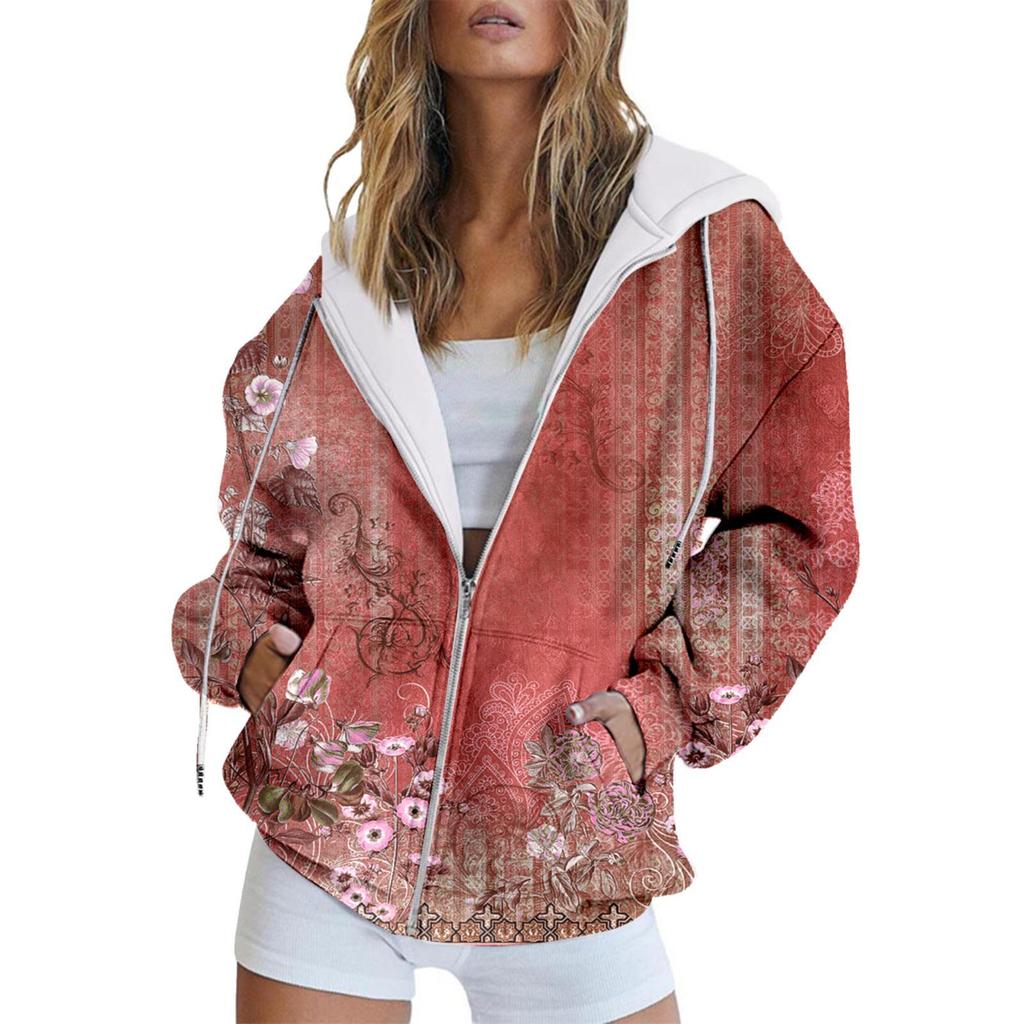 Vintage Printed Hooded Sweatshirt Sportwear Coat for Women 3D Pocket Hoodies Autumn Women's Button Down Jacket