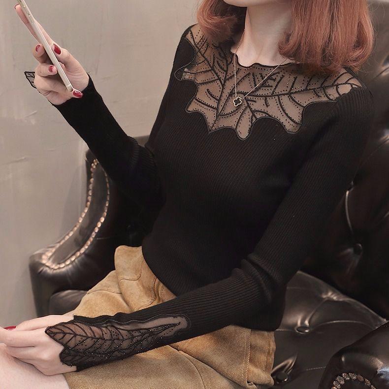 

Женский вязаный пуловер с кружевной вставкой в корейском стиле, облегающего кроя - Мода Осень/Зима L for 100-115 lbs