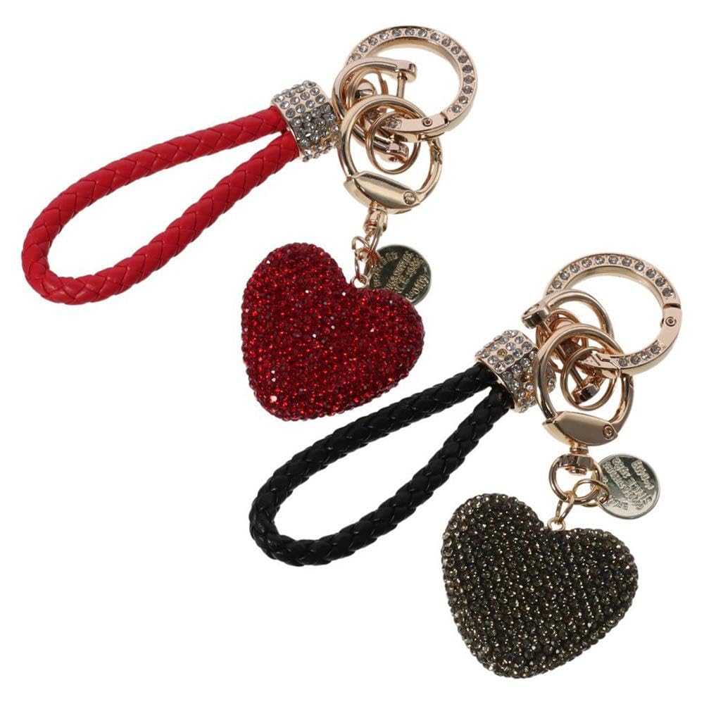 Qicarkey 2-Pack Sparkly Rhinestone Car Keychains, Universal Car Key Holders with Sparkly Rhinestone Heart-Shaped Key Ring Pendants, Sparkly Key Fob
